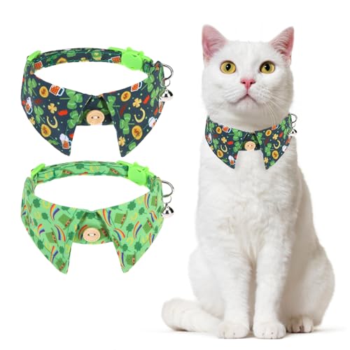DILLYBUD St. Patrick's Katzenhalsband, Breakaway, Irisches Kleeblatt, Katzenhalsband mit Schleife, grünes Kleeblatt, Frühlingskatzenhalsbänder mit Glöckchen von DILLYBUD