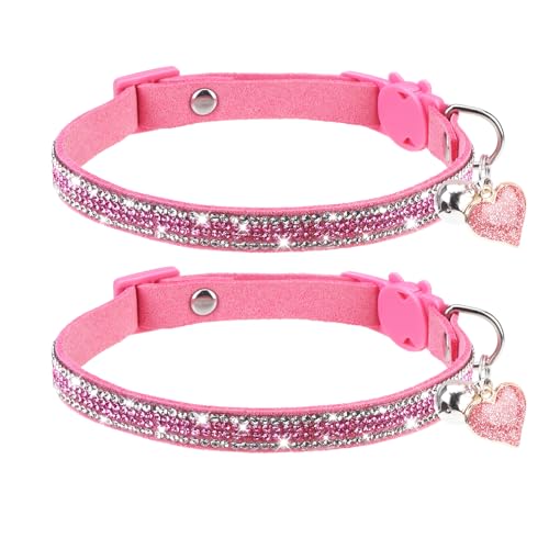 DILLYBUD Strass-Katzenhalsband mit Glöckchen-Sicherheitsschnalle, 2 Stück, glitzernde Diamant-Kätzchenhalsbänder für Gril-Katzen, weicher Samt, verstellbar, 20,3 - 30,5 cm, Rosa von DILLYBUD