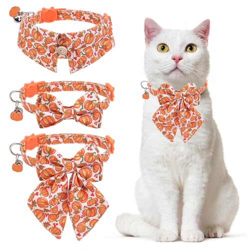 DILLYBUD Thanksgiving-Katzenhalsband, Halloween-Kätzchen-Halsband mit Glöckchen für Jungen, Mädchen, Katze, 2 Stück, verstellbar, niedliches Katzenhalsband mit Schleife und Kürbis für männliche von DILLYBUD