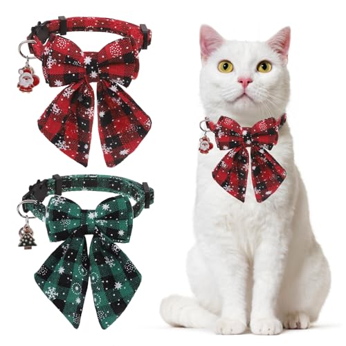 Dillybud Weihnachtliches Katzenhalsband mit Glöckchen und süßem Anhänger, Breakaway mit abnehmbarer Fliege für Mädchen, Jungen, Katzen, 2 Stück, Urlaub, Kätzchen-Halsband, Sicherheit, verstellbar von DILLYBUD