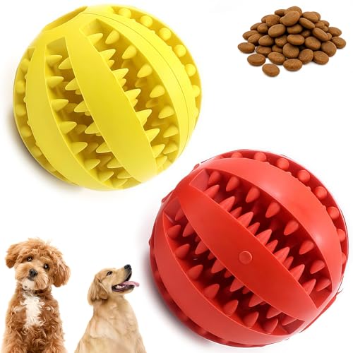 Hunde-Kauspielzeug-Ball, 3-in-1, Leckerli-Spender, Zahnreinigung und Langeweile-Buster für mittelgroße Hunde, interaktiver Futterball aus Naturkautschuk (ungiftig, kaufestes Design), Gelb und Rot, 2 von DILUSILK
