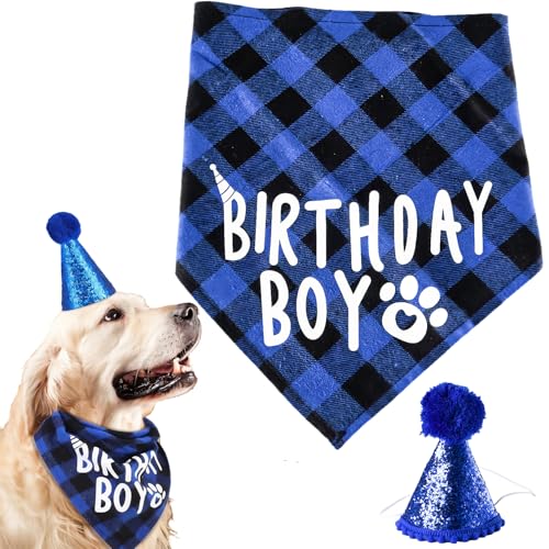 Pet Blue PlaidBirthday Bandana und Mütze Set – verstellbares Hundehalstuch, Hundegeburtstags-Partyzubehör für Haustierpartys, Feiern, Dekoration (2 Stück) von DILUSILK