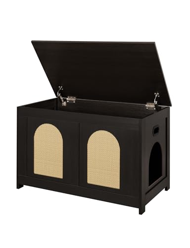 DINZI LVJ Katzenklo mit Klappdeckel, Möbel, Rattan-ähnlich, versteckter Katzen-Waschraum, Holz-Katzenhaus, Beistelltisch, 80 cm L x 50 cm B x 50 cm H, einfach zu montieren, Espresso und Natur von DINZI LVJ