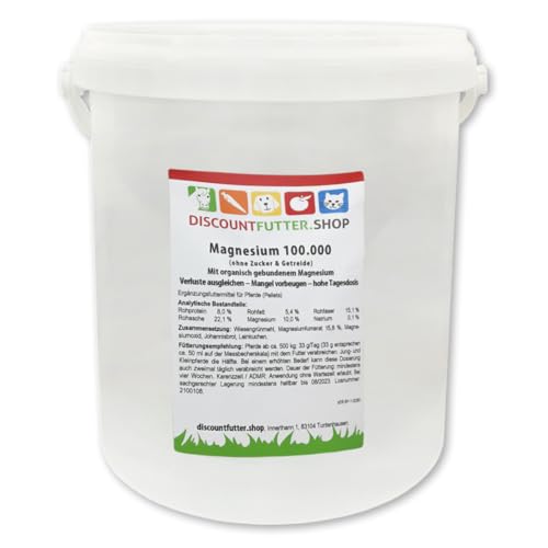 discountfutter.shop - Magnesium 100.000 - Pellets 5 kg I ohne Getreide und Zuckerzusatz hochdosiert, Futtermittel für schreckhafte Pferde bei Magnesiummangel, stärkt Muskelstoffwechsel (5 kg (Eimer)) von DISCOUNTFUTTER.SHOP
