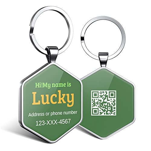 DISONTAG Hundemarke Personalisiert mit QR Code,32 mm 2 Seiten Dog Id Tag mit SchlüSselring für Hundehalsband,Leichter zu Lesen als Gravur– Online|Modifizierbar|Colourful(Hexagon) von DISONTAG