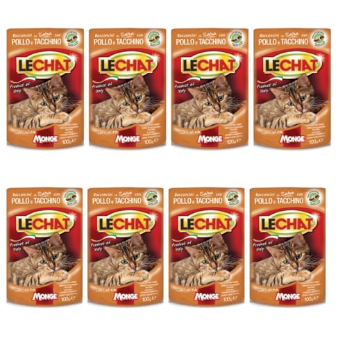 Nassfutter für Katzen | Leckerbissen in Hähnchen- und Truthahnsauce | 8 Beutel à 100 g | Nassfutter für erwachsene Katzen | gedämpft | Alleinfuttermittel | mit Geschenk von DISTRIBUZIONE 3D