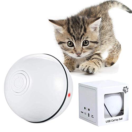 Katzenspielzeug Interaktiv Automatisch Sich Drehender Ball, USB Wiederaufladbares LED Licht Haustier Unterhaltungskugeln für den Innenbereich, Übungsbälle Pet Chaser Spielzeug für Kätzchen (Weiß) von DIWUJI