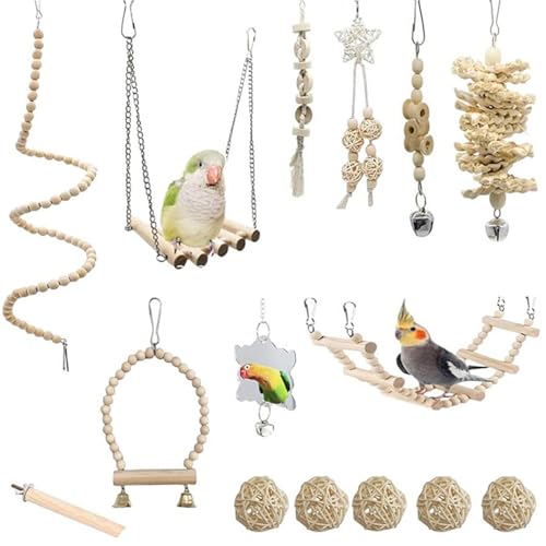 Vogelspielzeug für Sittiche Wellensittiche, Vogelkäfig-Zubehör Spielzeug Barsch LeiterKauspielzeug Hängematte für Sittiche, Holzpapageienspielzeug Papageienvogelkauen Naturholz Geeignet (15PCS) von DIYBravo