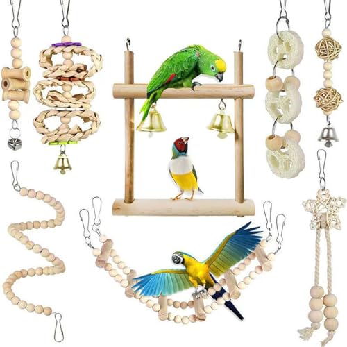 Vogelspielzeug für Sittiche Wellensittiche, Vogelkäfig-Zubehör Spielzeug Barsch LeiterKauspielzeug Hängematte für Sittiche, Holzpapageienspielzeug Papageienvogelkauen Naturholz Geeignet (8PCS) von DIYBravo