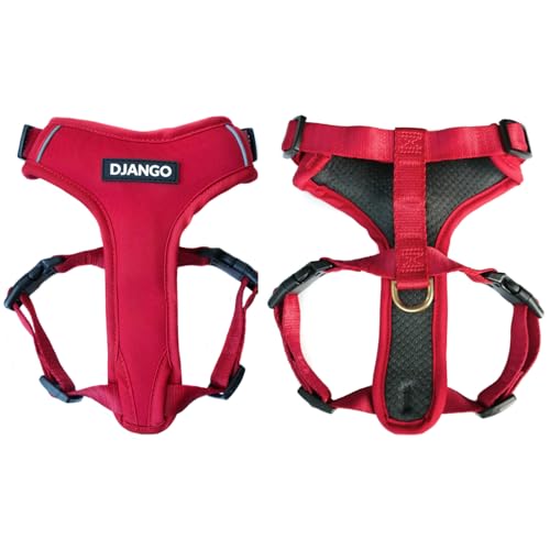 DJANGO Adventure Hundegeschirr - Bequemes, strapazierfähiges und reflektierendes Neopren für Outdoor-Abenteuer Alltagskleidung Verstellbares Design mit soliden Messingbeschlägen (Medium, Purpurrot) von DJANGO