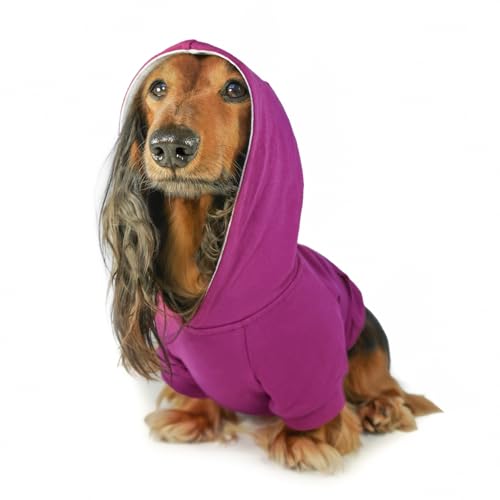 DJANGO Hunde-Kapuzenpullover und superweicher und dehnbarer Pullover - vollständig gefüttert mit elastischem Bund, Leinenportal und Gesäßtasche (Dunkelfuchsienviolett, X-Small) von DJANGO