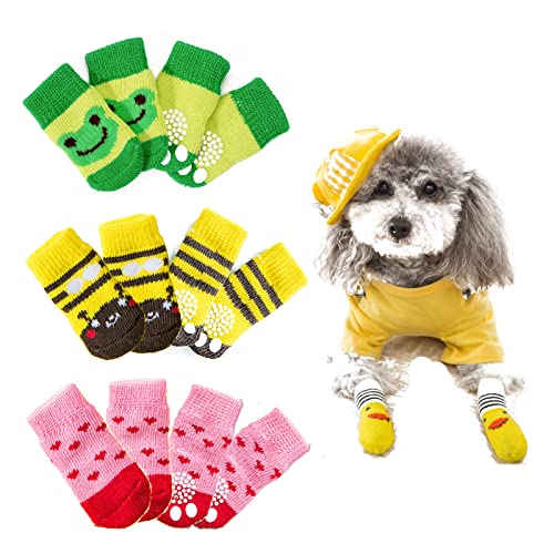 DKDDSSS 12 Stück Indoor Anti-Rutsch Socken für Hunde, Paw Protectoren Hundesocken, Drinnen Warme Haustierschutz für Kleine und Mittelgroße Hunde, Traktionskontrolle für Innenholzboden (Bear) von DKDDSSS