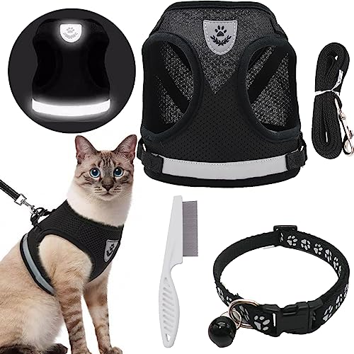 DKDDSSS Katzengeschirr Katzenleine Set, Katzengeschirr Ausbruchsicher Verstellbar, Verstellbares Katzen Geschirr mit Reflektierenden Streifen mit Katzenhalsband, für Kitten Hunde (M, Schwarz) von DKDDSSS