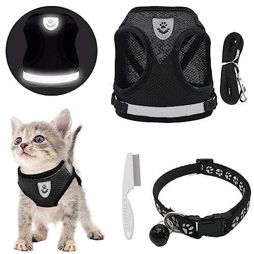 DKDDSSS Katzengeschirr mit Leine Set, Katzengeschirr Ausbruchsicher Verstellbar, Katzen Weste mit Reflektierenden Streifen mit Katzenhalsband, für Kitten Hunde (S, Schwarz) von DKDDSSS