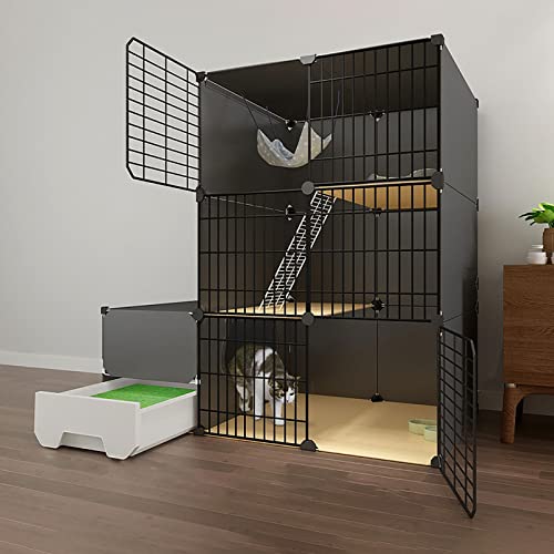 Katzenkäfig Katzenlaufstall Großes DIY-Katzengehege 1/2/3-stöckig Kleintierzaun Anti-Spring-Kätzchenkiste Innenbereich Haustierkäfige für Katzen, Hasen, Chinchillas, Schwarz (Size : 111x49x111(1)) von DJAUYB