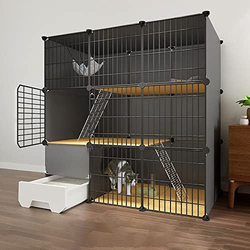 Katzenkäfig Katzenlaufstall Großes DIY-Katzengehege 1/2/3-stöckig Kleintierzaun Anti-Spring-Kätzchenkiste Innenbereich Haustierkäfige für Katzen, Hasen, Chinchillas, Schwarz (Size : 111x49x111(2)) von DJAUYB