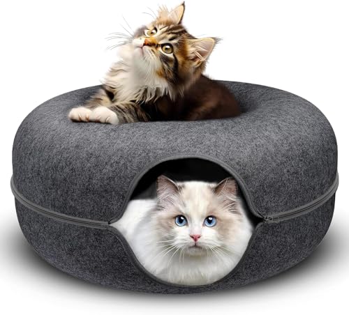 DMTOZOY Peekaboo Katzenhöhle, Katzentunnel, Donut-Bett für Indoor-Katzen, abnehmbar und kratzfest, für mittelgroße Katzen bis zu 4,5 kg (Dunkelgrau) von DMTOZOY
