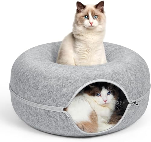 DMTOZOY Peekaboo Katzenhöhle, Katzentunnel, Donut-Bett für Indoor-Katzen, abnehmbar und kratzfest, für mittelgroße Katzen bis zu 4,5 kg (Hellgrau) von DMTOZOY