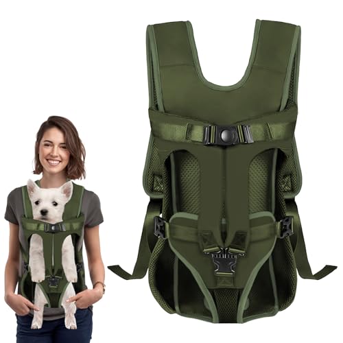 Hunde Trage Rucksack Vorne, Weiche Hund Rucksack Polsterung, für kleine und mittelgroße Hunde mit Beinen draußen, verstellbar, freihändiger Träger für Radfahren und Wandern (Army Grün, L) von DOBVDLA