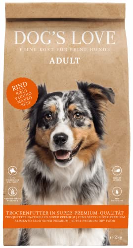 Futter trocken für den ausgewachsenen Hund Aller Rassen Getreide- glutenfrei & hypoallergen - hoher Fleischanteil & wertvolle Proteine - Naturkost – Rind Adult (1 x 2kg) von DOG'S LOVE