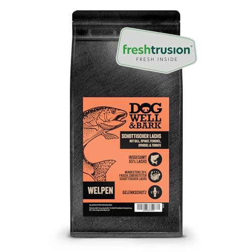 Premium Welpenfutter mit Schottischem Lachs 12 kg – Hundefutter trocken getreidefrei für gesundes Wachstum und glänzendes Fell - Lachs mit Dill, Spinat, Fenchel, Spargel & Tomate von DOG WELL & BARK