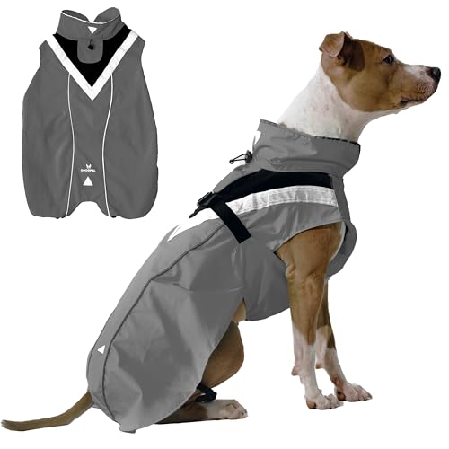 DOGOPAL Regenmantel Hund wasserdicht für kleine & große Hunde - Hunderegenmantel mit Reflektorstreifen - Wasserdichter Hundemantel, Regenschutz & Regenjacke (Grau, M) von DOGOPAL