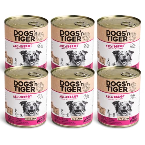 Dogs'n Tiger – “Abendbrot” Premium Hunde Nassfutter – tiergerechte Rezeptur mit 67% Fleischanteil + Leinsamenöl + Kräuter – ohne Zucker, Getreide & künstliche Aromen (Lamm mit Pastinake | 6 x 800 g) von DOGS' n TIGER