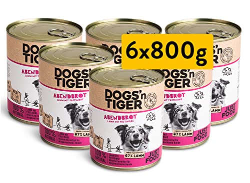 Dogs'n Tiger – “Abendbrot” Premium Hunde Nassfutter – tiergerechte Rezeptur mit 67% Fleischanteil + Leinsamenöl + Kräuter – ohne Zucker, Getreide & künstliche Aromen (Lamm mit Pastinake | 6 x 800 g) von DOGS' n TIGER