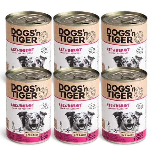 Dogs’n Tiger Adult Premium Nassfutter für Hunde, Abendbrot, tiergerechte Rezeptur mit 67% Fleischanteil + Leinsamenöl + Kräuter – ohne Zucker, künstliche Aromen, Lamm, & Pastinake, 6X 400g von DOGS' n TIGER