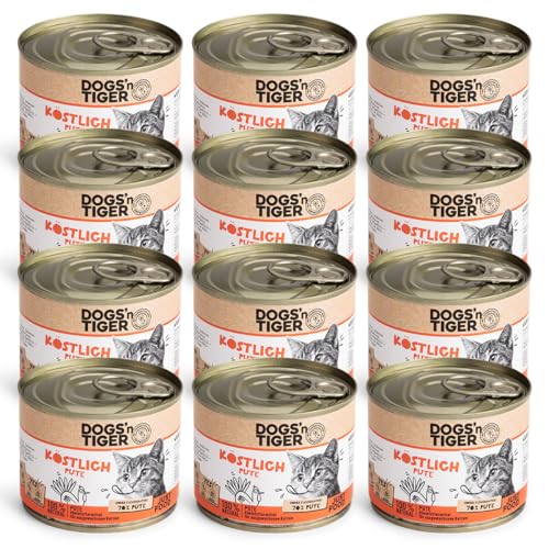 Dogs’n Tiger Adult Premium, Nassfutter für Katzen, Köstlich, 70% Fleischanteil an Pute + Leinsamenöl – ohne Zucker, Getreide & künstliche Aromen – Gute Verträglichkeit 12x 200g von DOGS' n TIGER