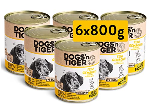 Dogs'n Tiger – “Fein gemacht” Premium Nassfutter für Welpen – Rezeptur mit 67% Fleischanteil + Leinsamenöl + Kräuter – ohne Zucker, Getreide & künstliche Aromen (Huhn mit Süßkartoffel | 6 x 800 g) von DOGS' n TIGER