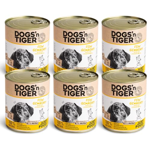 Dogs’n Tiger Junior, Welpen Premium Nassfutter für Hunde, Fein Gemacht, Rezeptur mit 67% Fleischanteil an Huhn mit Süßkartoffel, ohne Getreide, Zucker & künstlichne Aromen, 6X 800g von DOGS' n TIGER