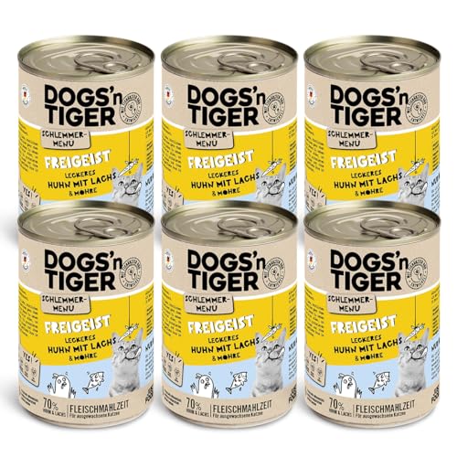 Dogs'n Tiger Schlemmermenü Freigeist, Katzennassfutter mit Huhn, Lachs und Möhren- ohne Getreide, Zuckerzusatz, künstliche Konservierungsstoffe, optimale Verträglichkeit, 400g (6er Pack) von DOGS' n TIGER