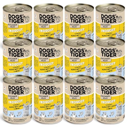 Dogs'n Tiger Schlemmermenü Freigeist, Katzennassfutter mit frischem vitaminreichen Gemüse, Huhn, Lachs - ohne Getreide, Zuckerzusatz, künstliche Konservierungsstoffe, 400g (12er Pack) von DOGS' n TIGER