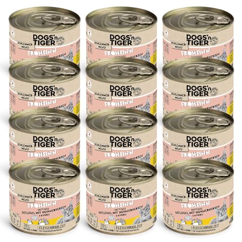 Dogs'n Tiger Frohsinn, Katzennassfutter mit Huhn und Kürbis - ohne Getreide, Zuckerzusatz, künstliche Farb-, Aroma & Konservierungsstoffe, optimale Verträglichkeit, 200g (12er Pack) von DOGS' n TIGER