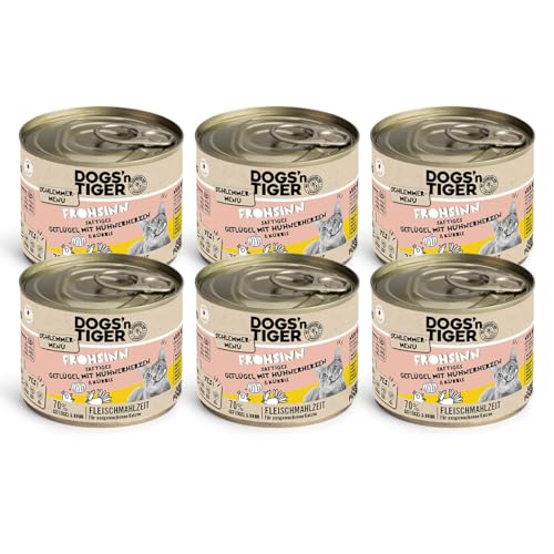 Dogs'n Tiger Schlemmermenü Frohsinn, Katzennassfutter mit Huhn und Kürbis - ohne Getreide, Zuckerzusatz, künstliche Konservierungsstoffe, optimale Verträglichkeit, 200g (6er Pack) von DOGS' n TIGER