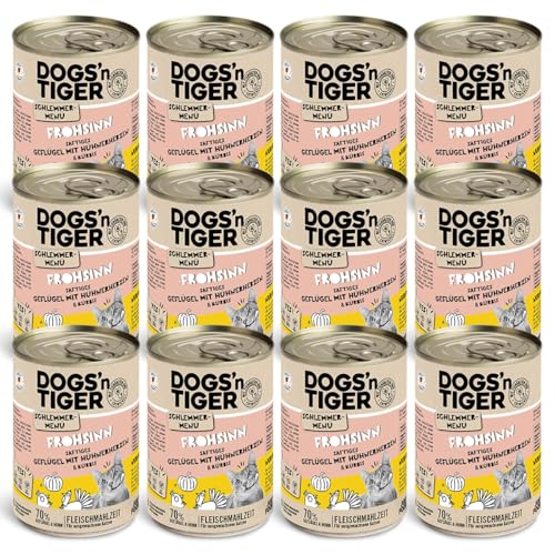 Dogs'n Tiger Schlemmermenü Frohsinn, Katzennassfutter mit Huhn und Kürbis - ohne Getreide, Zuckerzusatz, künstliche Konservierungsstoffe, optimale Verträglichkeit, 400g (12er Pack) von DOGS' n TIGER