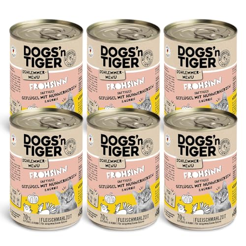 Dogs'n Tiger Schlemmermenü Frohsinn, Katzennassfutter mit Huhn und Kürbis - ohne Getreide, Zuckerzusatz, künstliche Konservierungsstoffe, optimale Verträglichkeit, 400g (6er Pack) von DOGS' n TIGER
