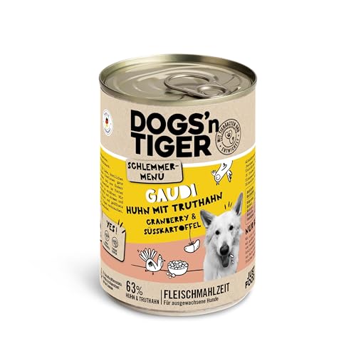 Dogs'n Tiger Schlemmermenü Gaudi, Hundenassfutter mit Huhn, Truthahn, Cranberries und Süßkartoffel - ohne Getreide, Zuckerzusatz, künstliche Konservierungsstoffe, 400g (6er Pack) von DOGS' n TIGER