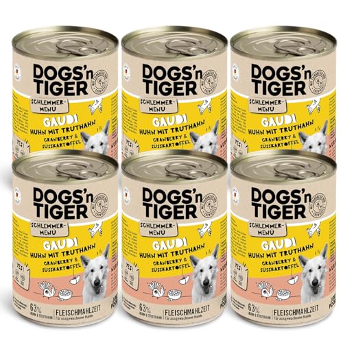 Dogs'n Tiger Schlemmermenü Gaudi, Hundenassfutter mit Huhn, Truthahn, Cranberries und Süßkartoffel - ohne Getreide, Zuckerzusatz, künstliche Konservierungsstoffe, 400g (6er Pack) von DOGS' n TIGER