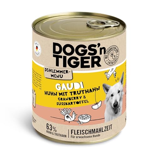 Dogs'n Tiger Schlemmermenü Gaudi, Hundenassfutter mit Huhn, Truthahn, Cranberries und Süßkartoffel - ohne Getreide, Zuckerzusatz, künstliche Konservierungsstoffe, 800g (12er Pack) von DOGS' n TIGER