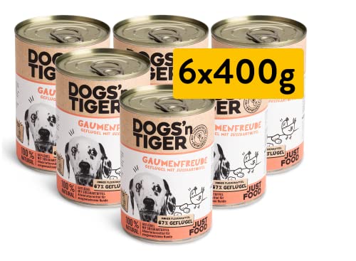 Dogs'n Tiger – “Gaumenfreude” Premium Nassfutter für Hunde – Rezeptur mit 67% Fleischanteil + Leinsamenöl + Kräuter – ohne Zucker, Getreide & künstliche Aromen (Geflügel mit Süßkartoffel | 6 x 400 g) von DOGS' n TIGER