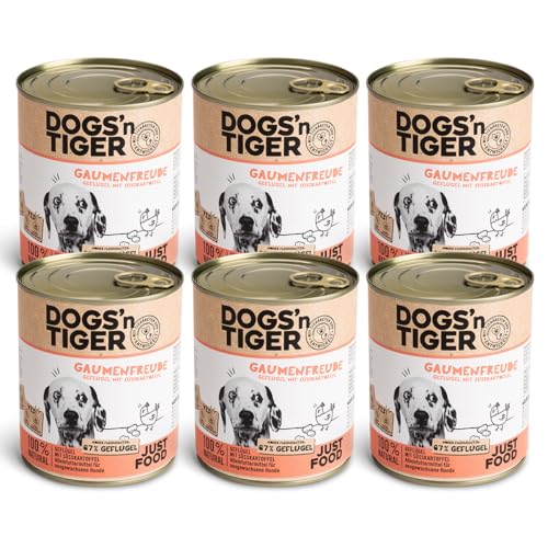 Dogs'n Tiger – “Gaumenfreude” Premium Hunde Nassfutter – Rezeptur mit 67% Fleischanteil + Leinsamenöl + Kräuter – ohne Zucker, Getreide & künstliche Aromen (Geflügel mit Süßkartoffel | 6 x 800 g) von DOGS' n TIGER