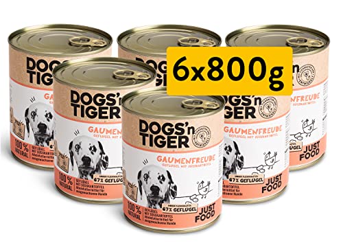 Dogs'n Tiger – “Gaumenfreude” Premiu Nassfutter für Hunde – Rezeptur mit 67% Fleischanteil + Leinsamenöl + Kräuter – ohne Zucker, künstliche Aromen (Geflügel mit Süßkartoffel | 6 x 800 g) von DOGS' n TIGER