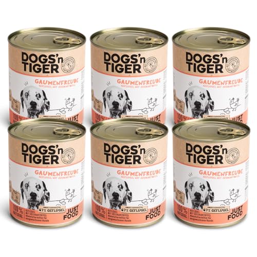 Dogs’n Tiger Adult Premium Nassfutter für Hunde, Gaumenfreude, Hunde Nassfutter, Rezeptur mit 67% Fleischanteil an Geflügel, ohne Zucker, Getreide & künstliche Aromen, 6X 800g von DOGS' n TIGER
