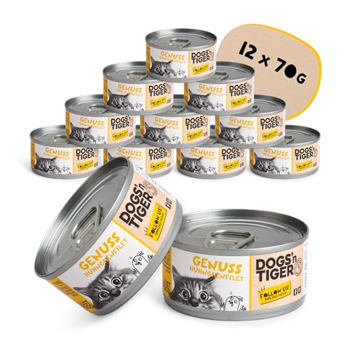 Dogs’n Tiger Adult Premium Nassfutter für Katzen, Genuss, Katzenfutter, – tiergerechte Rezeptur mit 60% Fleischanteil – ohne Zucker, Getreide & künstliche Aromen, Hühnchen, 12x 70g von DOGS' n TIGER