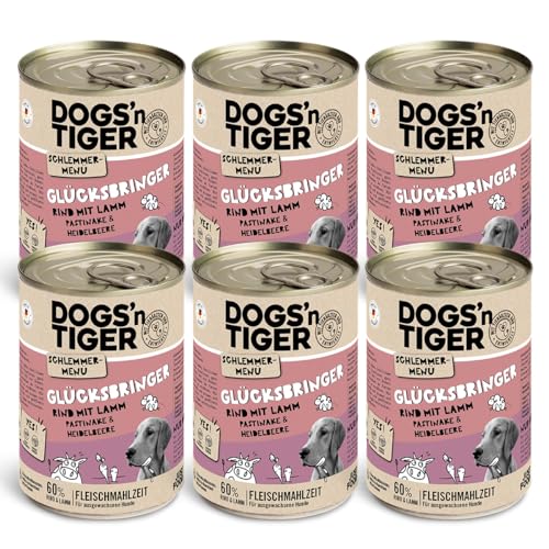 Dogs'n Tiger Schlemmermenü Glücksbringer, Hundenassfutter mit Rind, Lamm, Pastinake und Heidelbeeren - ohne Getreide, Zuckerzusatz, künstliche Konservierungsstoffe, 400g (12er Pack) von DOGS' n TIGER