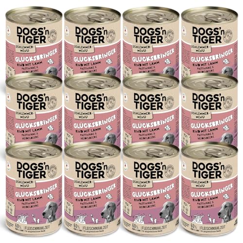 Dogs’n Tiger Adult Hundefutter, Glücksbringer, Hundenassfutter mit Rind, Lamm, Pastinake und Heidelbeeren - ohne Getreide, Zuckerzusatz, künstliche Konservierungsstoffe, 12x 400g von DOGS' n TIGER