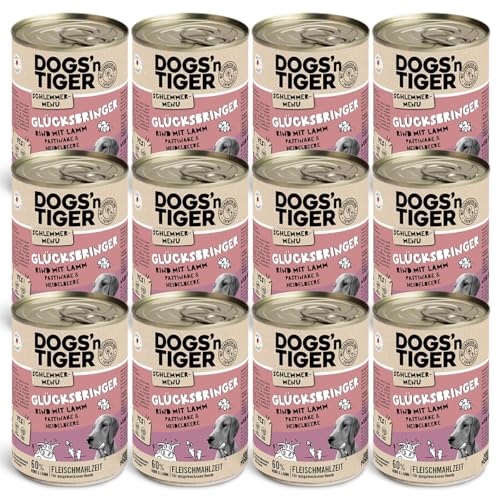 Dogs'n Tiger Schlemmermenü Glücksbringer, Hundenassfutter mit Rind, Lamm, Pastinake und Heidelbeeren - ohne Getreide, Zuckerzusatz, künstliche Konservierungsstoffe, 400g (12er Pack) von DOGS' n TIGER