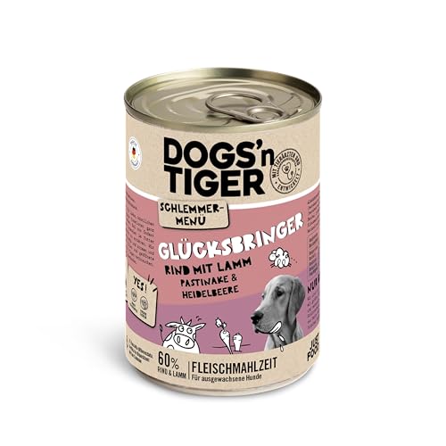 Dogs'n Tiger Schlemmermenü Glücksbringer, Hundnassfutter mit Rind, Lamm, Pastinake und Heidelbeeren - ohne Getreide, Zuckerzusatz, künstliche Konservierungsstoffe, 400g (6er Pack) von DOGS' n TIGER